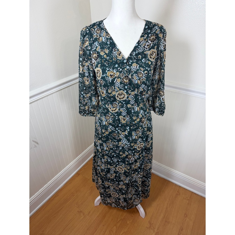 Ann Taylor Floral Maxi‎ Dress Women Size 2 Petite Long Sleeve V-Neck Tie Waist